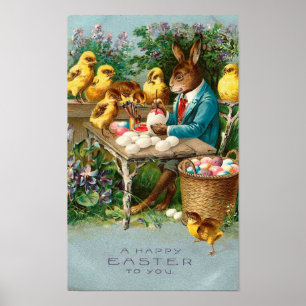 Bunny Painting Easter Eggs Vintage Poster