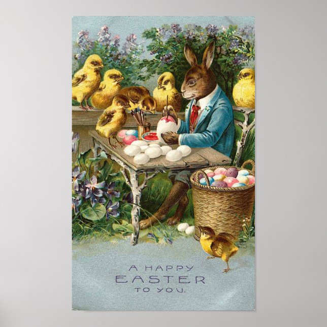 Bunny Painting Easter Eggs Vintage Poster (Front)