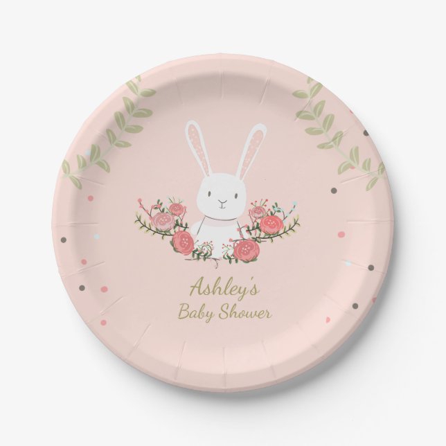 Bunny Paper Plates Baby shower Woodland Pink Girl (Front)