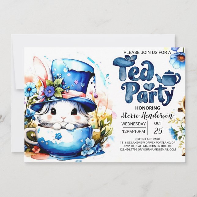 Bunny Par-Tea Watercolor Baby Shower Invitation (Front)