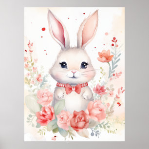 Bunny Pastel with roses and red bow Poster