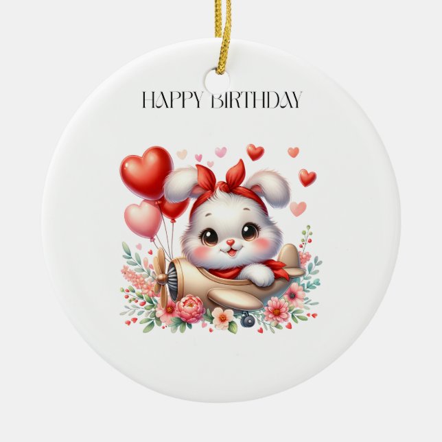 Bunny Pilot Birthday Ceramic Tree Decoration (Front)