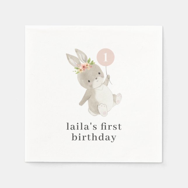 Bunny Pink Balloon 1st Birthday Napkin (Front)