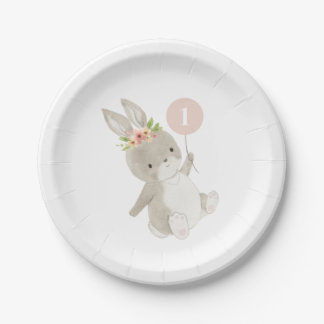Bunny Pink Balloon 1st Birthday Paper Plate