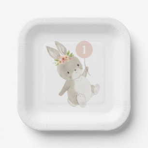Bunny Pink Balloon 1st Birthday Paper Plate