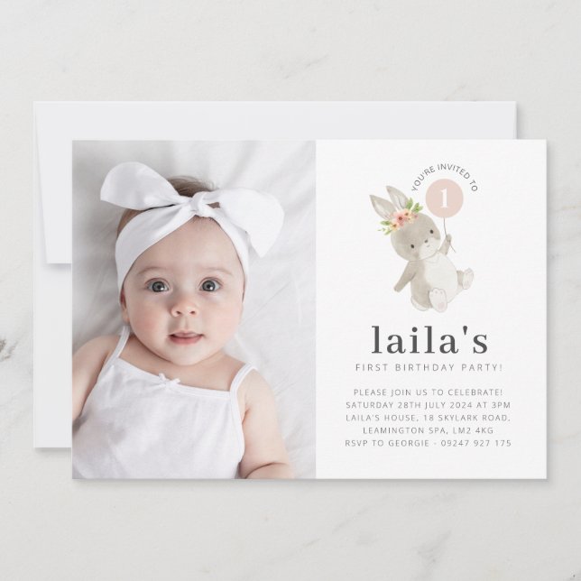 Bunny Pink Balloon Photo 1st Birthday Invitation (Front)