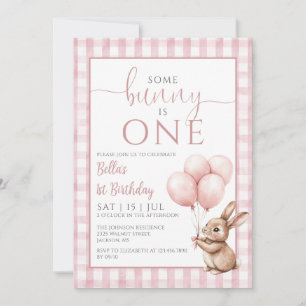 Bunny Pink Balloons Photo 1st Birthday Party Invitation