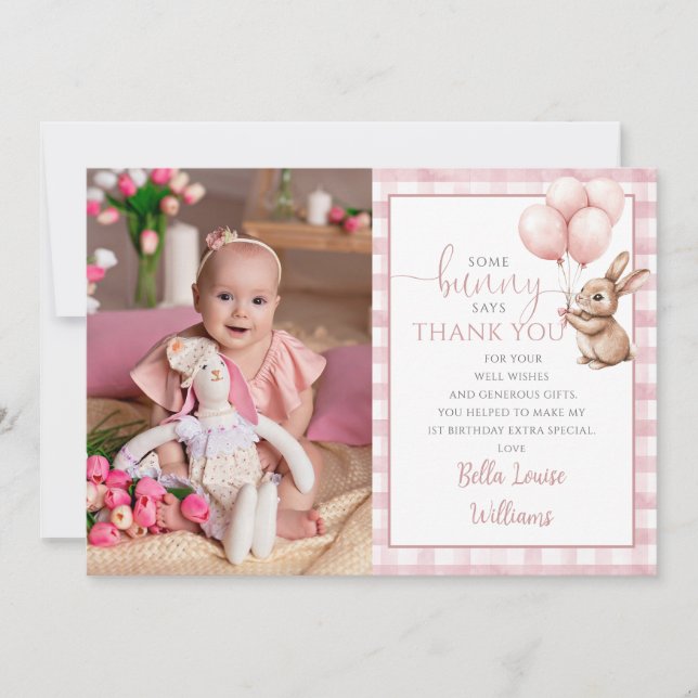 Bunny Pink Balloons Photo 1st Birthday Party Thank You Card (Front)