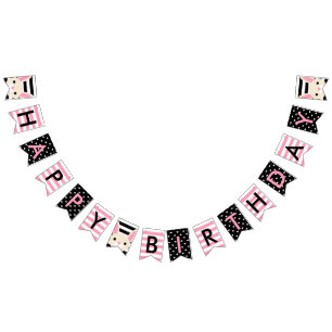 Bunny Pink & Black Stripes & Hearts Happy Birthday Bunting