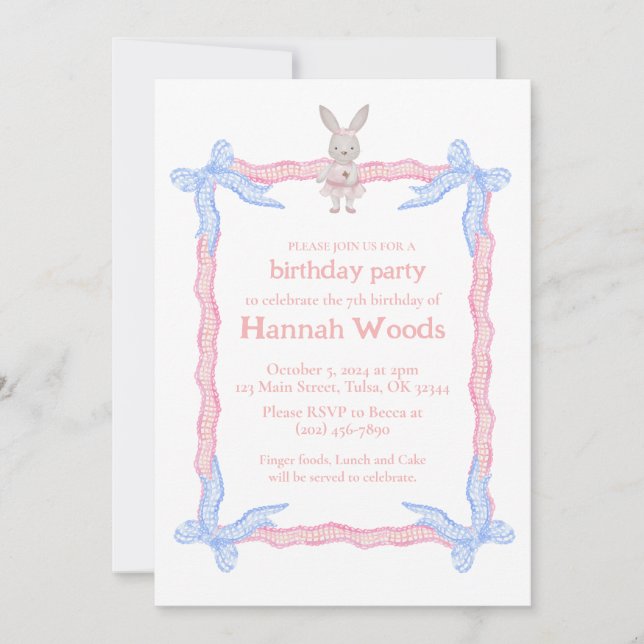 Bunny Pink Blue Coquette Ribbon Party Invitations (Front)