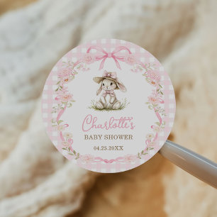 Bunny Pink Bow Gingham Baby Shower Classic Round Sticker