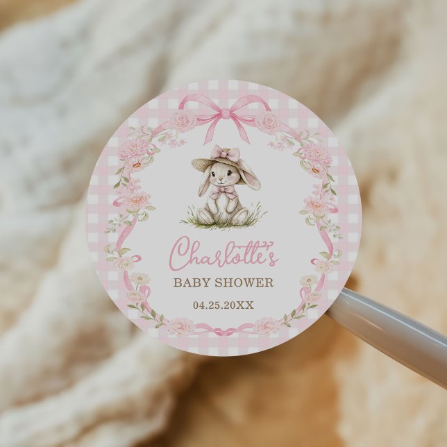 Bunny Pink Bow Gingham Baby Shower Classic Round Sticker (Creator Uploaded)