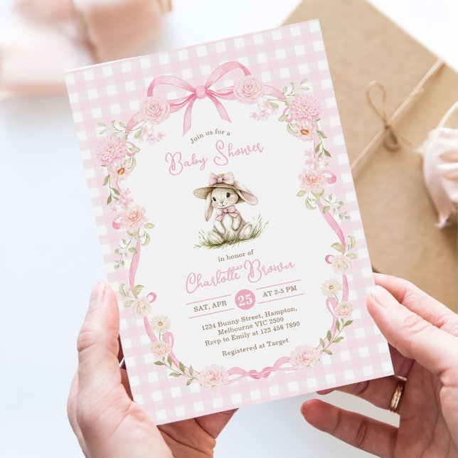 Bunny Pink Bow Gingham Baby Shower Invitation (Creator Uploaded)
