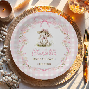 Bunny Pink Bow Gingham Baby Shower Paper Plate