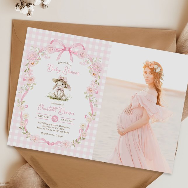 Bunny Pink Bow Gingham Baby Shower Photo Invitation (Creator Uploaded)