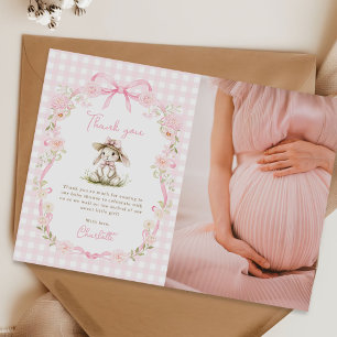 Bunny Pink Bow Gingham Baby Shower Photo Thank You Card