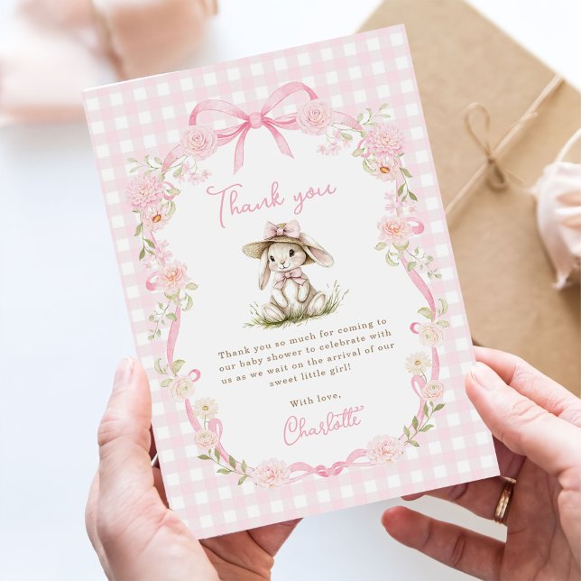 Bunny Pink Bow Gingham Baby Shower Thank You Card (Creator Uploaded)