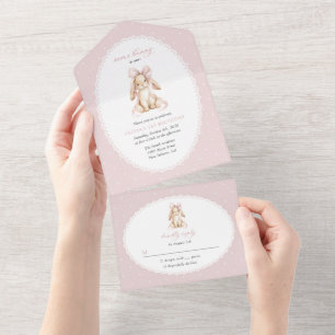Bunny, Pink Bow, Pink Polka Dots, First Birthday All In One Invitation