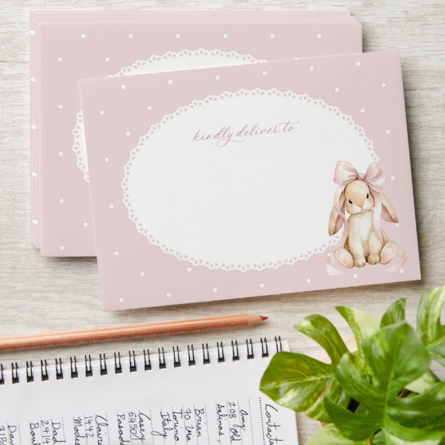 Bunny, Pink Bow, Pink Polka Dots, First Birthday Envelope (Stacked)