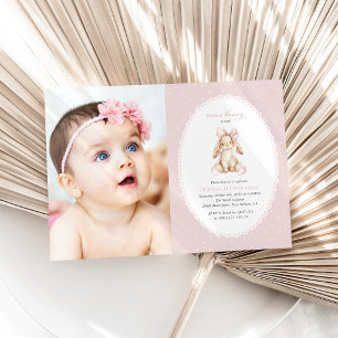 Bunny, Pink Bow, Pink Polka Dots, First Birthday Invitation
