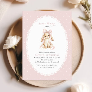 Bunny, Pink Bow, Pink Polka Dots, First Birthday Invitation