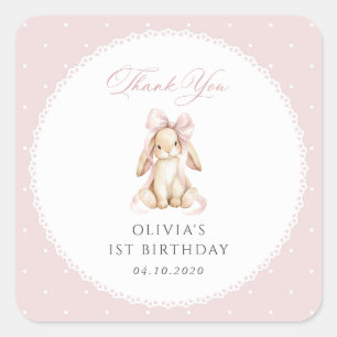 Bunny, Pink Bow, Pink Polka Dots, First Birthday Square Sticker