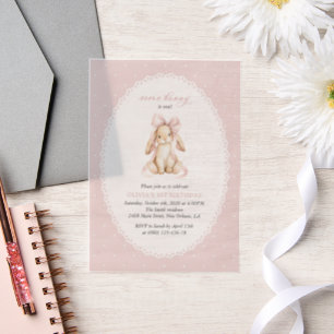 Bunny, Pink Bow, Pink Polka Dots, First Birthday Vellum Invitations