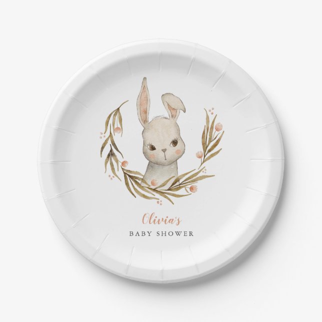 Bunny Pink Floral Baby Shower Paper Plate (Front)