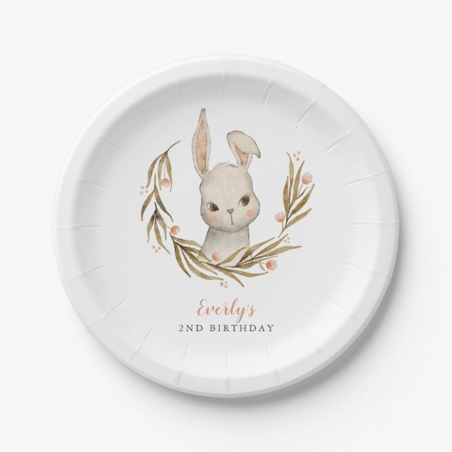 Bunny Pink Floral Kids Birthday Party Paper Plate (Front)