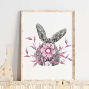 Bunny Pink Floral Nursery Print   Bunny Print
