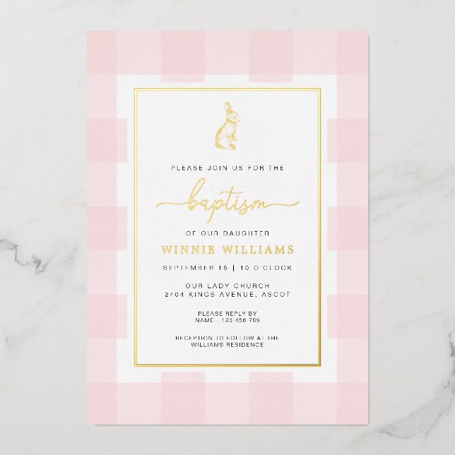 Bunny Pink Gingham Baptism Gold Foil Invitation (Front)