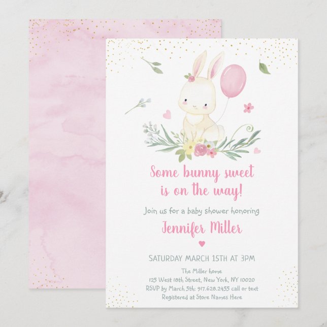 Bunny Pink Gold Floral Girl Baby Shower Invitation (Front/Back)