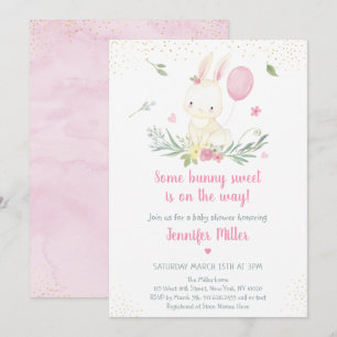 Bunny Pink Gold Floral Girl Baby Shower Invitation