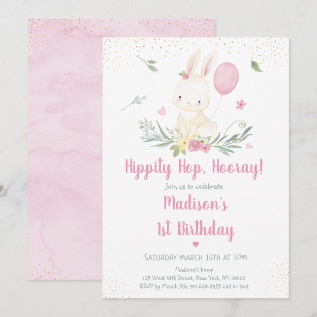 Bunny Pink Gold Floral Girl Birthday Invitation (Front/Back)