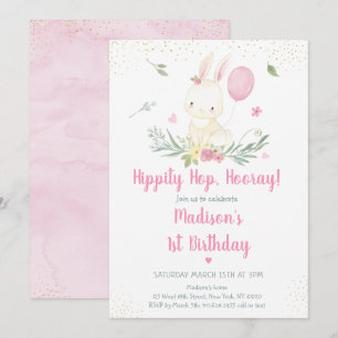 Bunny Pink Gold Floral Girl Birthday Invitation