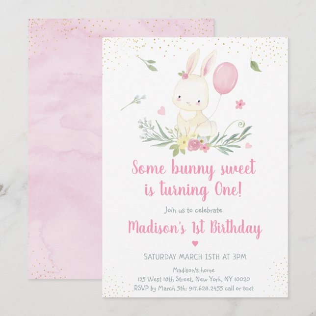 Bunny Pink Gold Floral Girl Birthday Invitation (Front/Back)