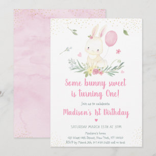 Bunny Pink Gold Floral Girl Birthday Invitation