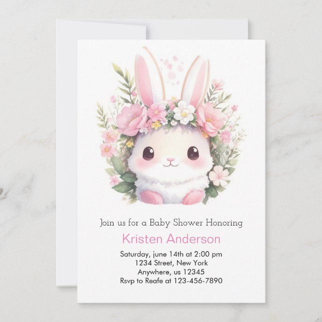 Bunny Pink Meadow Blissful Girl Baby Shower Invitation (Front)