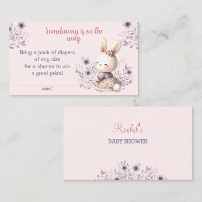 Bunny Pink Purple Baby Shower Diaper Raffle Card (Front/Back)