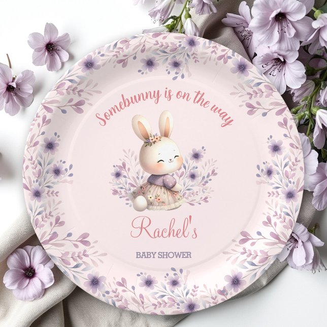 Bunny Pink Purple Spring Floral Girl Baby Shower Paper Plate (Bunny Pink Purple Spring Floral Girl Baby Shower Paper Plates)