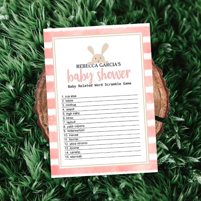 Bunny Pink Stripe Baby Shower Word Scramble Game Invitation (Creator Uploaded)