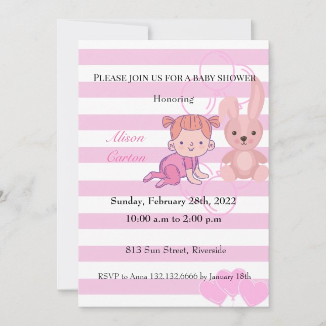 Bunny pink stripes girl baby shower invitation (Front)