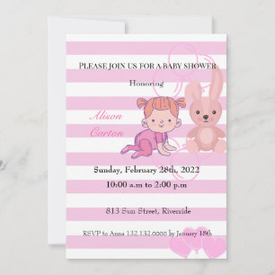 Bunny pink stripes girl baby shower invitation