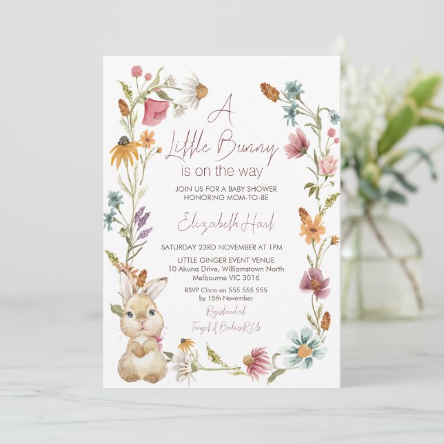 Bunny Pink Wildflowers Wreath Baby Shower  Invitation (Standing Front)