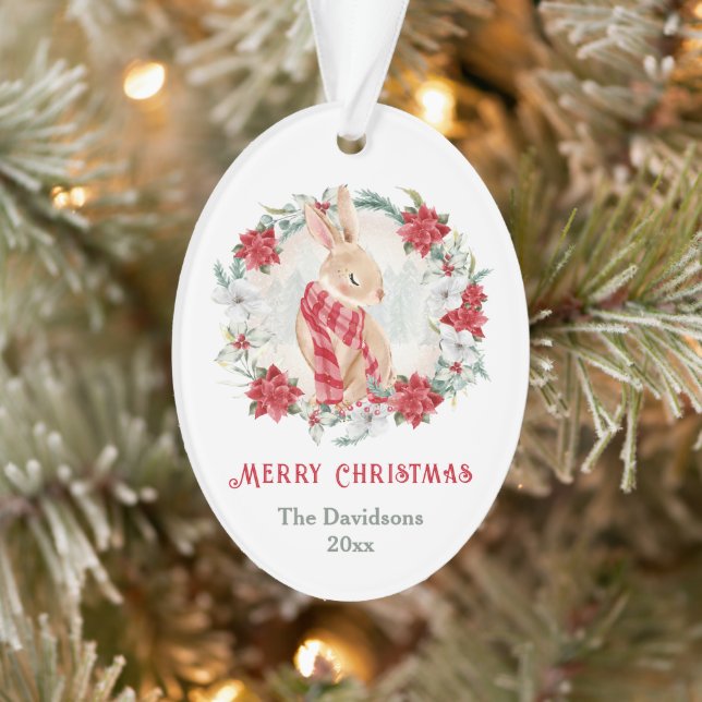 Bunny Poinsettia Watercolor Family Name Christmas Ornament (Tree)