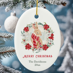 Bunny Poinsettia Watercolor Name Christmas Ceramic Tree Decoration