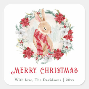 Bunny Poinsettia Watercolor Simple Christmas Square Sticker