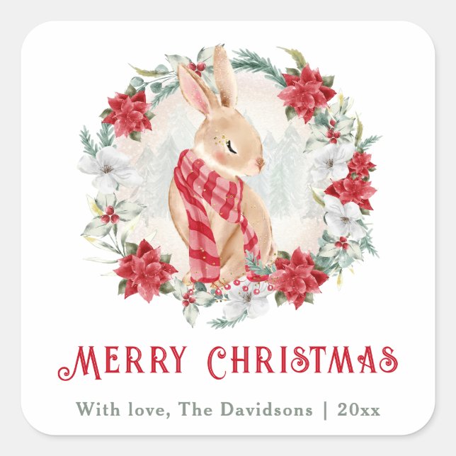 Bunny Poinsettia Watercolor Simple Christmas Square Sticker (Front)