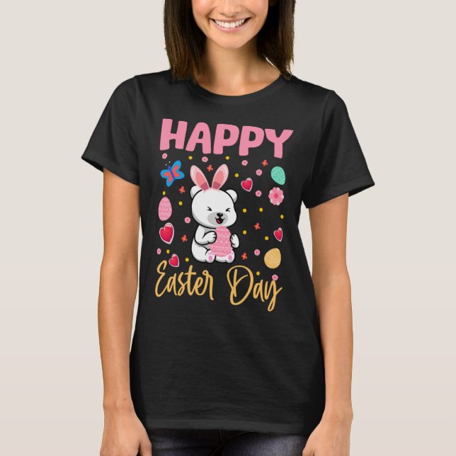 Bunny Polar Bear Colourful Eggs Hunting Happy East T-Shirt (Front)
