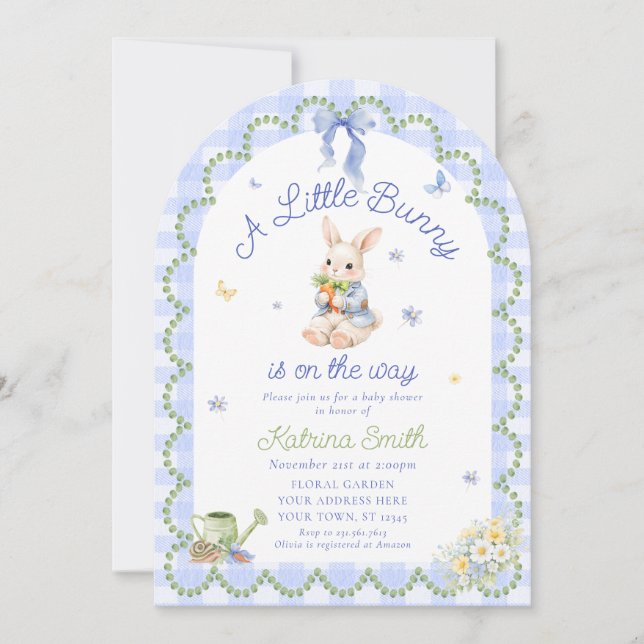 Bunny Pretty Rabbit Gingham Baby Shower Invitation (Front)